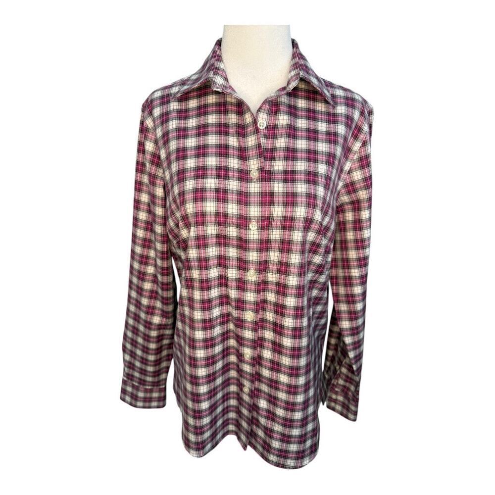 Lands' End‎ Women's Plaid Button-Up Shirt Size 8 Multicolor Long Sleeve No Iron
